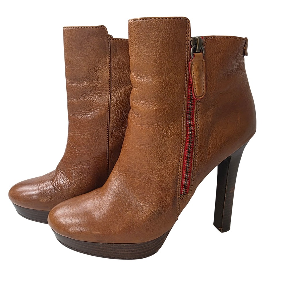 Coach Chrissa Tan Leather Platform Ankle Boots Red Zip Heel Booties 8.5B